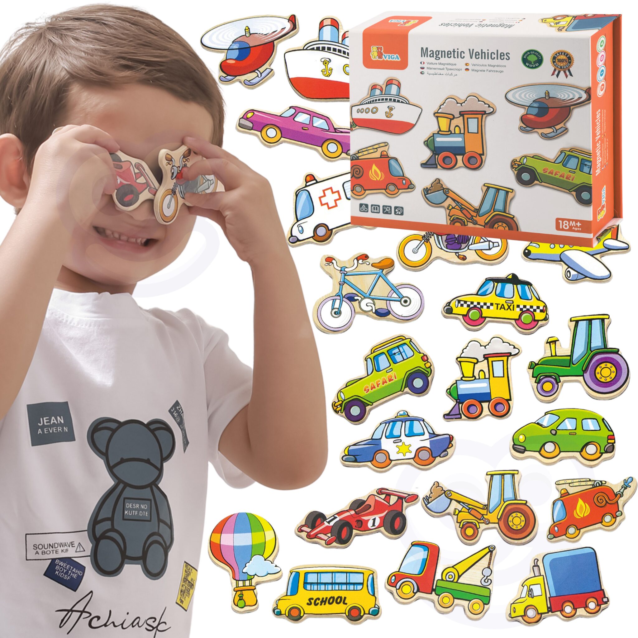 Drewniane Magnesy Pojazdy 20 szt. Lądowe Wodne Powietrzne 18m+ - VIGA" - 001