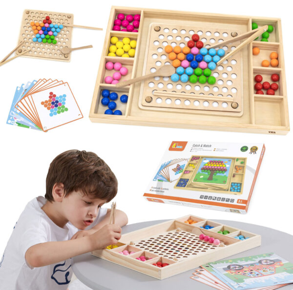 Układanka Montessori drewniane kulki z pincetą i łyżką - Viga Toys - 001 Układanka Montessori drewniane kulki z pincetą i łyżką - Viga Toys - 001