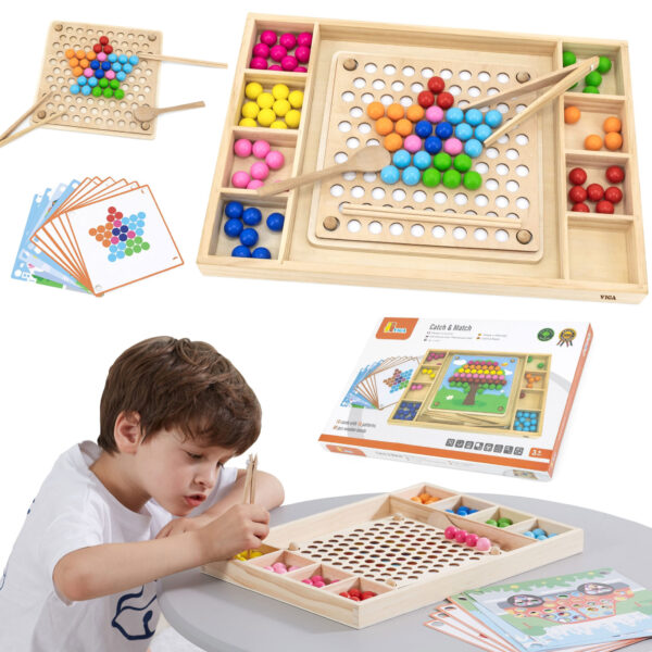 Układanka Montessori drewniane kulki z pincetą i łyżką - Viga Toys - 001