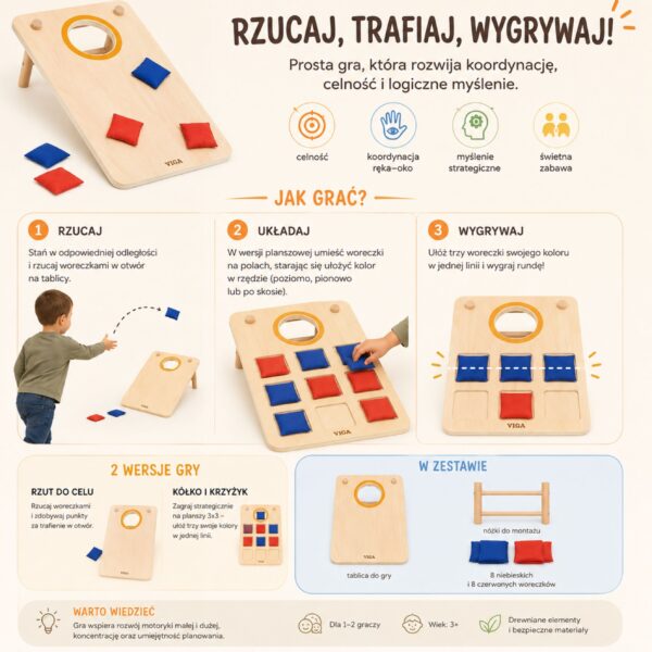 Drewniana Gra Rodzinna Viga 2w1 - Cornhole i Kółko i Krzyżyk - 011