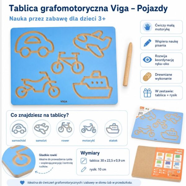 Tablica Grafomotoryczna Viga Pojazdy - Trening Ręki i Przygotowanie do Pisania - 008