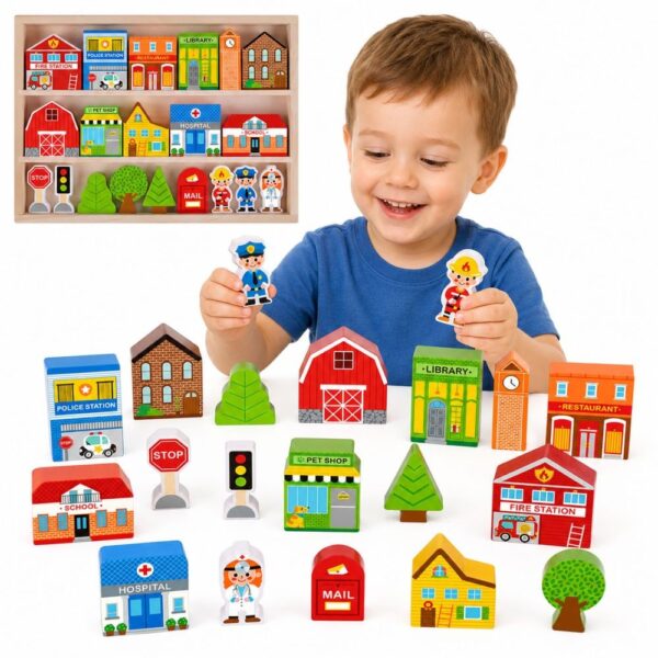 TOOKY TOY Drewniany Zestaw Budynków i Figurek Miasto - 002