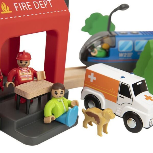 Tooky Toy Drewniana Kolejka Elektryczna Straż Pożarna Efekty Dźwiękowe 70 el. FSC - 006