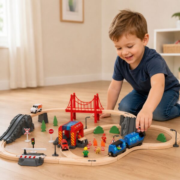 Tooky Toy Drewniana Kolejka Elektryczna Straż Pożarna Efekty Dźwiękowe 70 el. FSC - 010