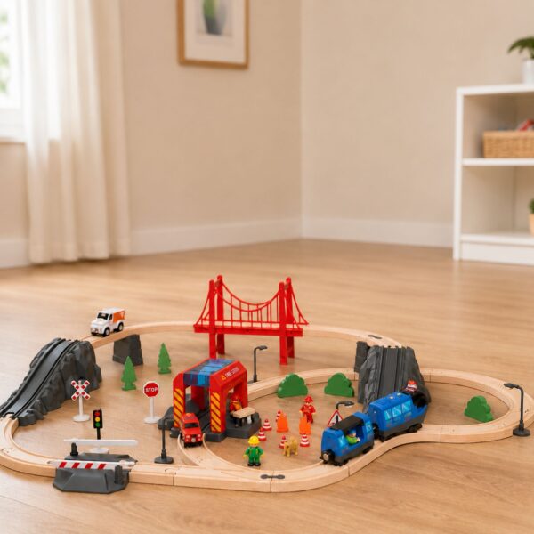 Tooky Toy Drewniana Kolejka Elektryczna Straż Pożarna Efekty Dźwiękowe 70 el. FSC - 011
