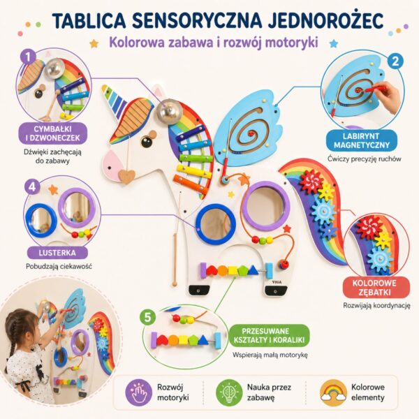 VIGA Drewniana Tablica Sensoryczna Manipulacyjna Jednorożec Certyfikat FSC Montessori - 002