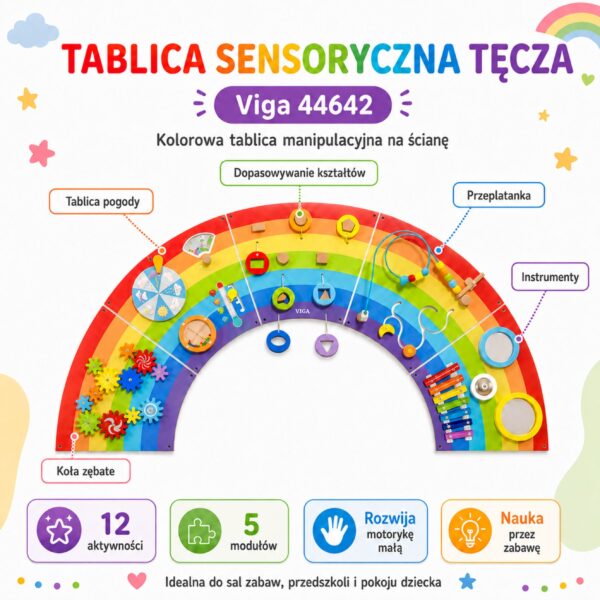 VIGA Drewniana Tablica Sensoryczno-Manipulacyjna EDU Tęcza Certyfikat FSC - 014