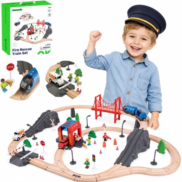 Tooky Toy Drewniana Kolejka Elektryczna Straż Pożarna Efekty Dźwiękowe 70 el. FSC - 001