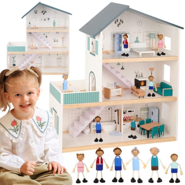 TOOKY TOY Duży Drewniany Domek dla Lalek + Figurki FSC - 001