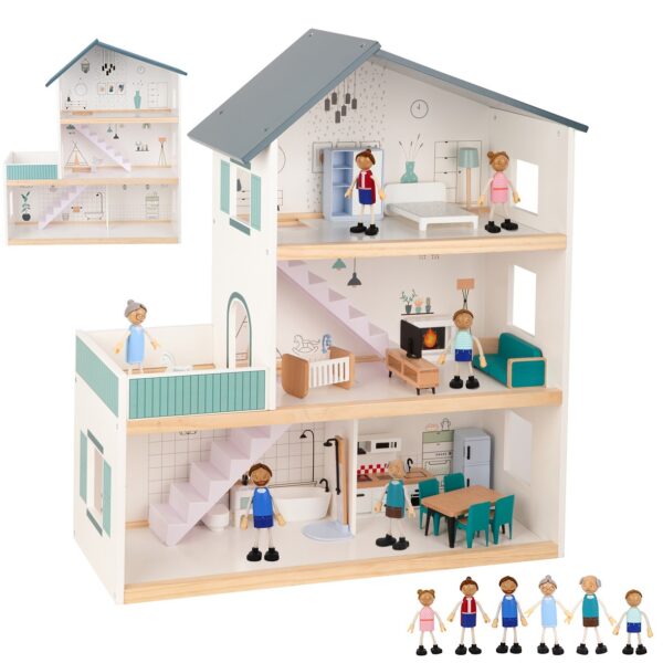TOOKY TOY Duży Drewniany Domek dla Lalek + Figurki FSC - 014
