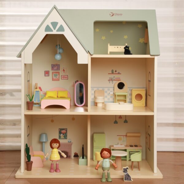CLASSIC WORLD Wielki Drewniany Domek Przytulny Zakątek dla Lalek z Mebelkami 31el. - 008