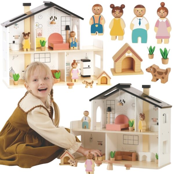 TOOKY TOY Drewniany Domek dla Lalek z Akcesoriami i Rodzinką 20 el. - 001