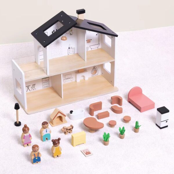 TOOKY TOY Drewniany Domek dla Lalek z Akcesoriami i Rodzinką 20 el. - 003