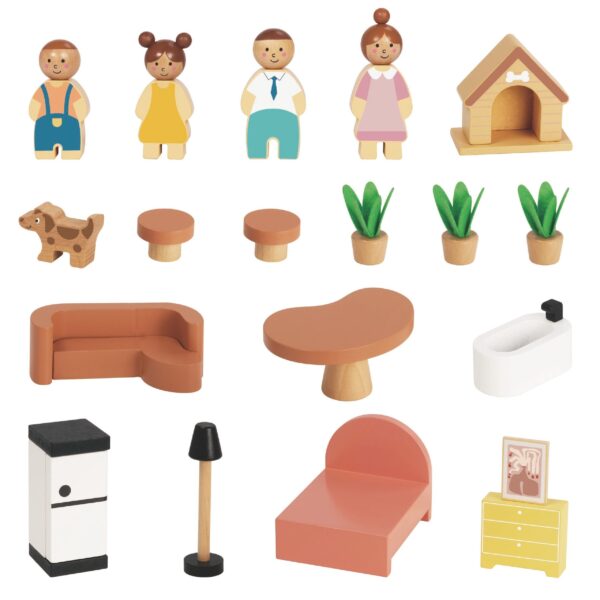 TOOKY TOY Drewniany Domek dla Lalek z Akcesoriami i Rodzinką 20 el. - 006