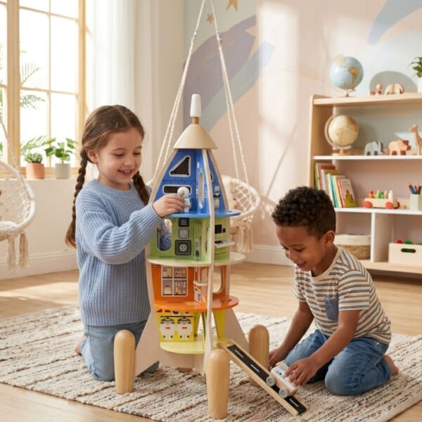 CLASSIC WORLD Drewniana Rakieta Domek dla Dzieci + Figurki 51el. - 003