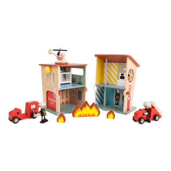 CLASSIC WORLD Remiza Strażacka Drewniana Garaż Auto Helikopter Figurki 13el. - 010
