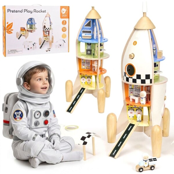 export CLASSIC WORLD Drewniana Rakieta Domek dla Dzieci + Figurki 51el.
