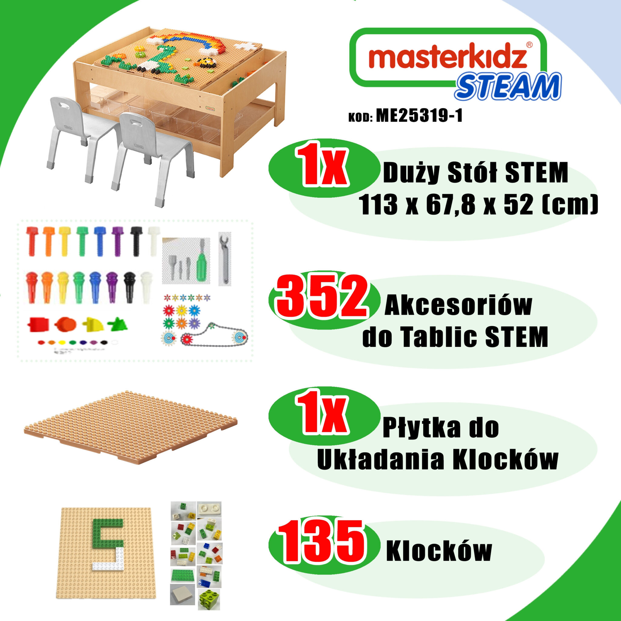 MASTERKIDZ Drewniany Stół Edukacyjny + AKCESORIA STEM WALL + 135 Klocków - 002
