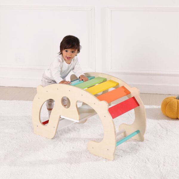 WOOPIE GREEN Drewniany Tęczowy Bujak i Mostek 2w1 Montessori FSC - 004