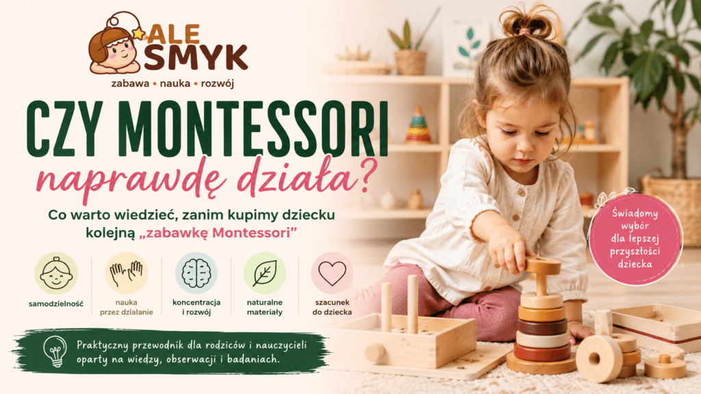 Dziecko bawiące się drewnianą układanką Montessori w jasnym pokoju edukacyjnym – artykuł AleSmyk o samodzielności, koncentracji i rozwoju
