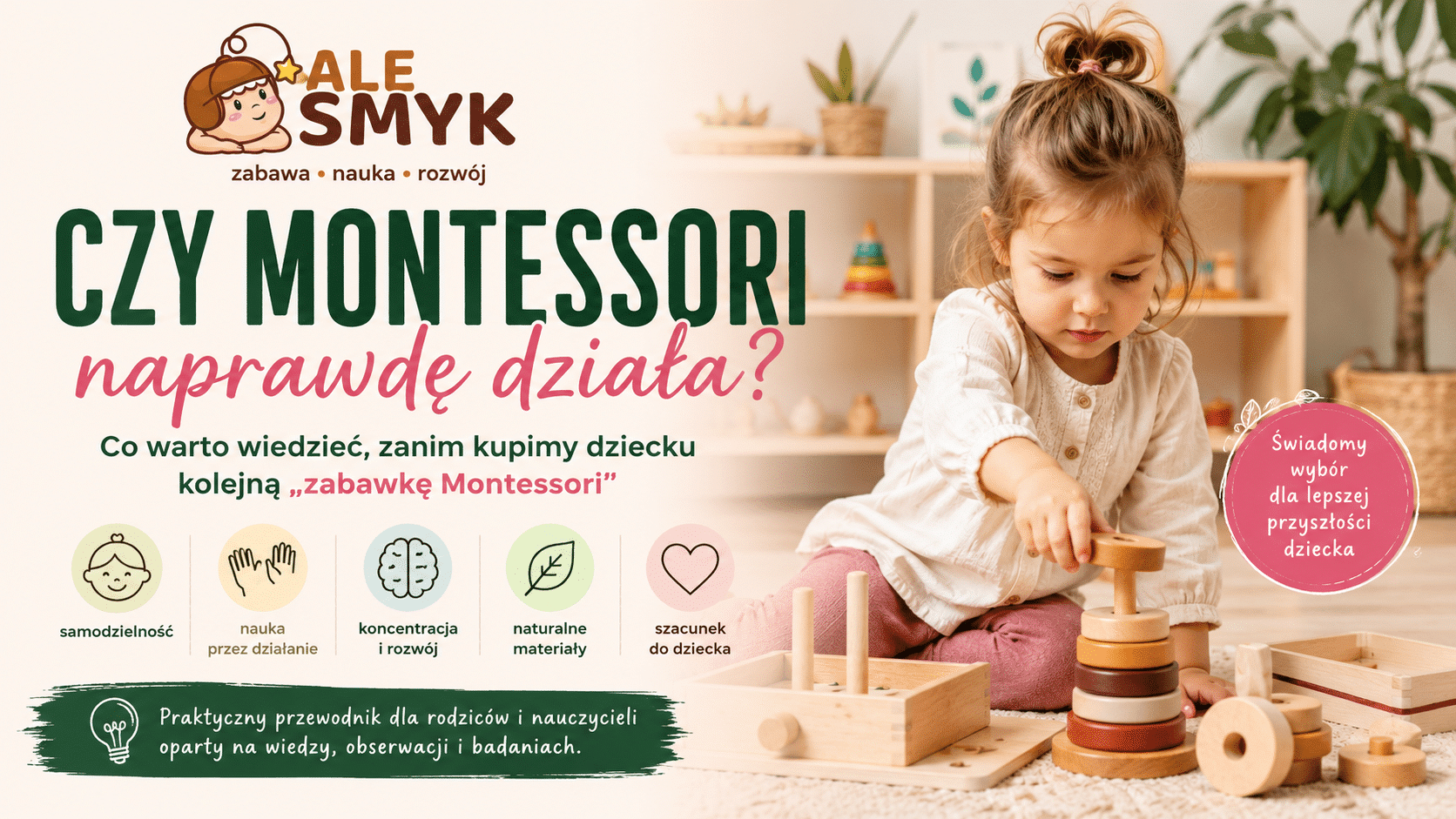 Dziecko bawiące się drewnianą układanką Montessori w jasnym pokoju edukacyjnym – artykuł AleSmyk o samodzielności, koncentracji i rozwoju