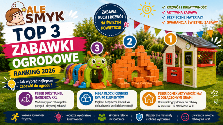 Top 3 zabawki ogrodowe dla dzieci – ranking 2026. Tunel FEBER, klocki EVA Classic World i domek aktywności FEBER 6w1
