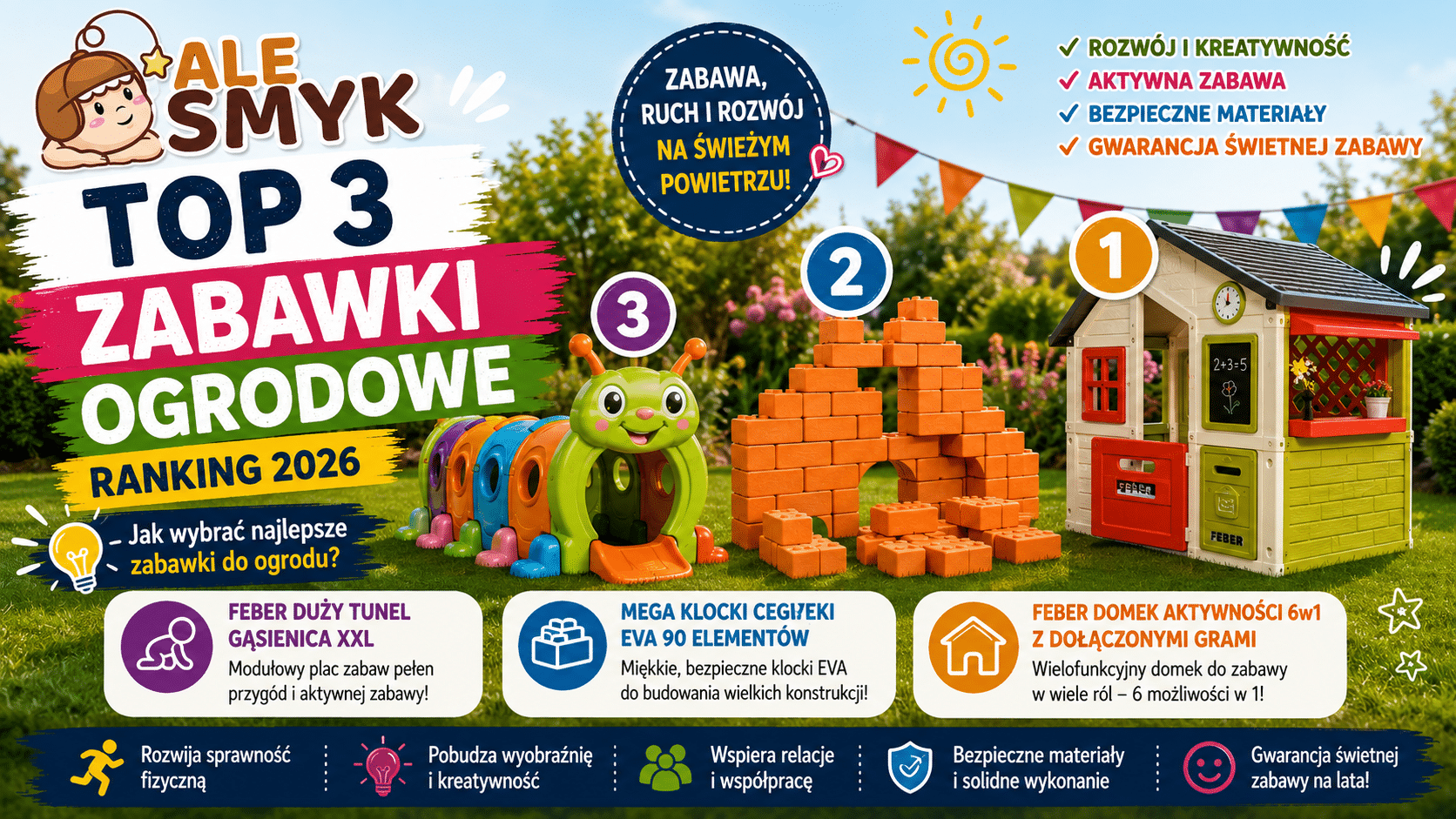 Top 3 zabawki ogrodowe dla dzieci – ranking 2026. Tunel FEBER, klocki EVA Classic World i domek aktywności FEBER 6w1