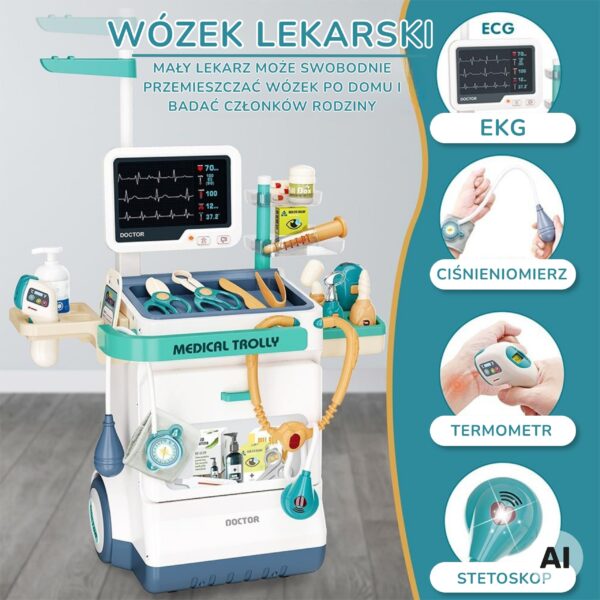 WOOPIE Wózek Lekarski Zestaw Mały Doktor EKG Dźwięk Światło Regulowany 26el - 004