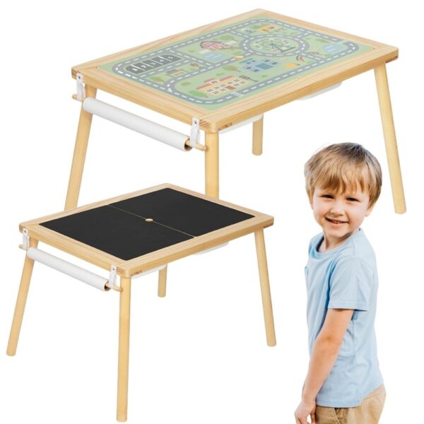 WOOPIE GREEN Drewniany Stolik Aktywności 4w1 Tablica Kredowa Pojemniki Mapa Miasta Papier Rysunkowy - 001