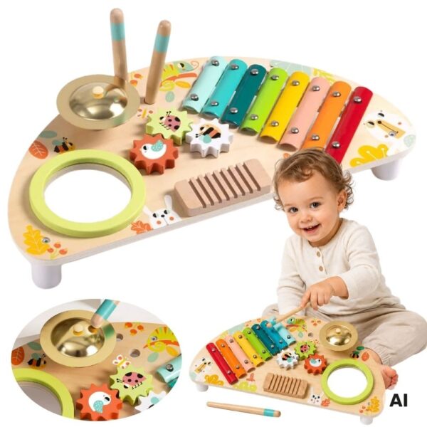 TOOKY TOY Wielofunkcyjny Instrument Centrum Muzyczne Ksylofon Zębatki Tarka Bębenek Talerz Pałeczki - 001