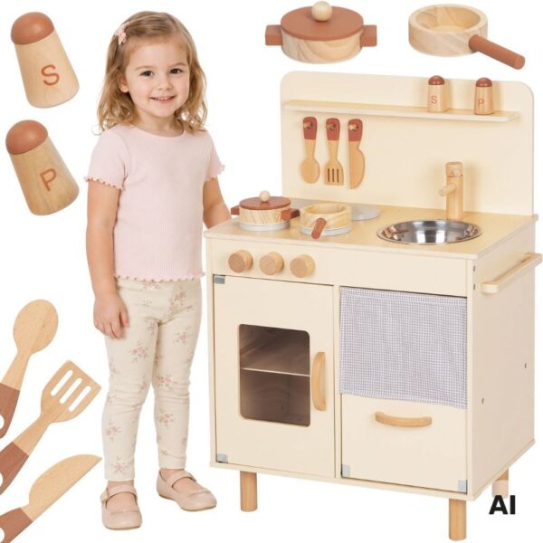 TOOKY TOY Drewniana Beżowa Kuchnia z Akcesoriami - 001
