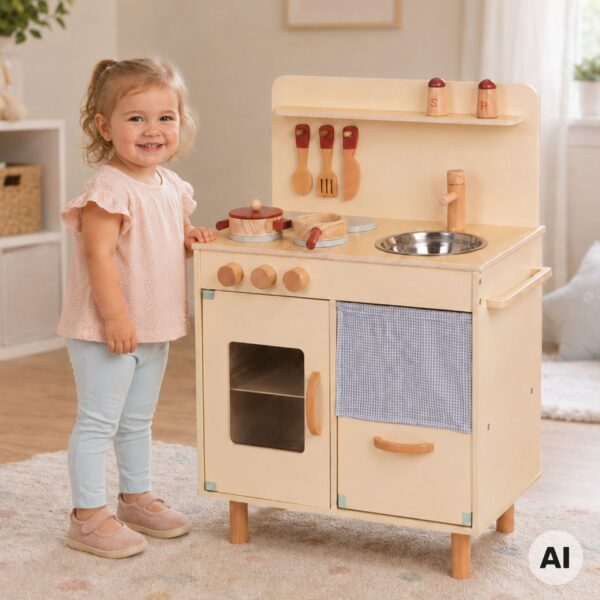 TOOKY TOY Drewniana Beżowa Kuchnia z Akcesoriami - 002