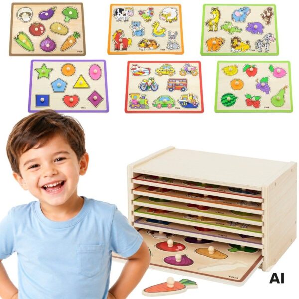 VIGA Drewniane Puzzle z Uchwytami i Półką 7 el. - 001 VIGA Drewniane Puzzle z Uchwytami i Półką 7 el. - 001