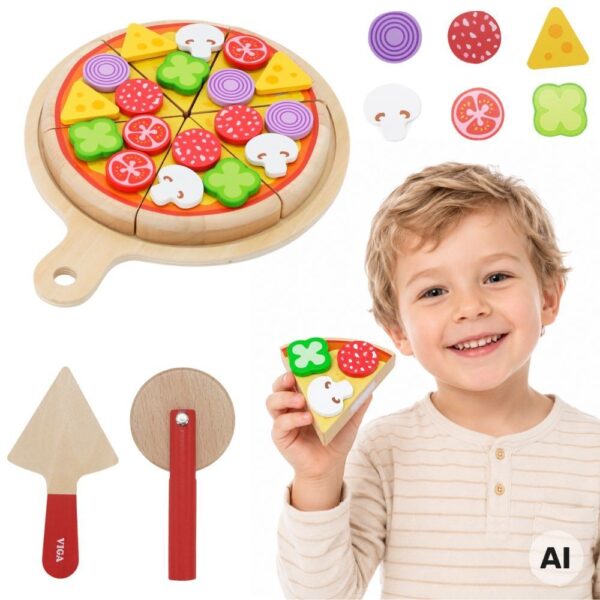 VIGA Drewniana Pizza Do Krojenia Zestaw kuchenny 27 el. Dla Dzieci 18M+ - 001