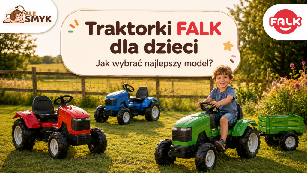 Traktorki Falk dla dzieci – czerwony, niebieski i zielony traktor z przyczepą
