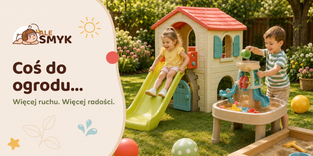Zabawki ogrodowe dla dzieci – domek ze zjeżdżalnią, stolik wodny i piaskownica
