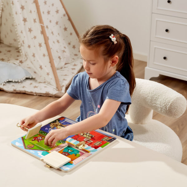 VIGA Drewniana Tablica Manipulacyjna Otwieranie Zamków i Zatrzasków Domek Montessori - 002