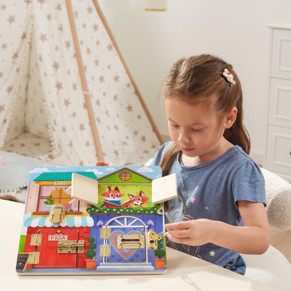 VIGA Drewniana Tablica Manipulacyjna Otwieranie Zamków i Zatrzasków Domek Montessori - 005