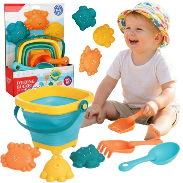 WOOPIE BABY Zestaw Wiaderko Składane z Grabkami Łopatką Foremki Niebieskie - 001