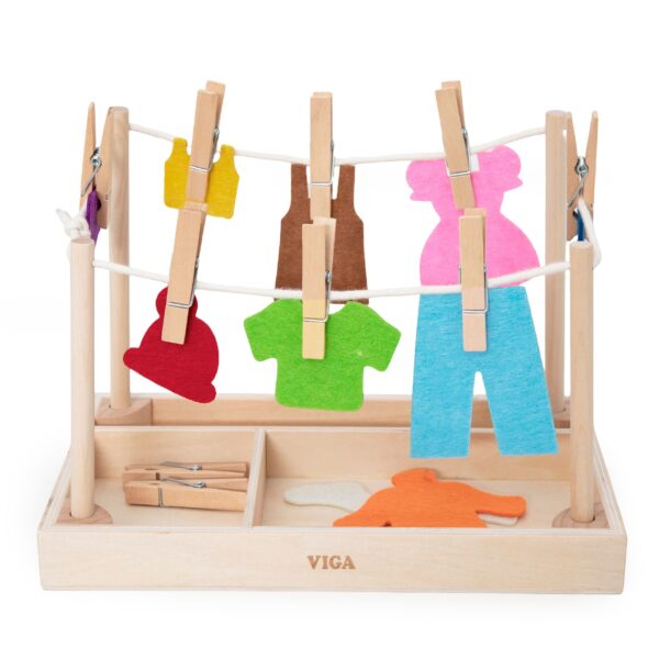 VIGA Drewniany Zestaw do Prania Suszarka Ubranka Klamerki Montessori 27 el