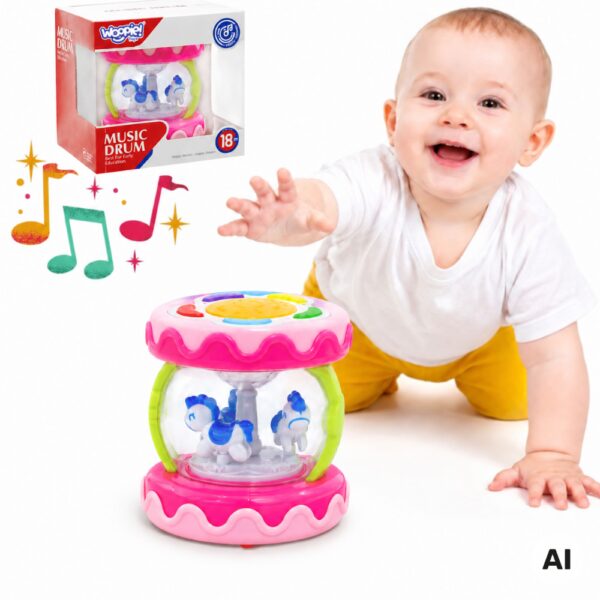 WOOPIE BABY Różowy Bębenek Pozytywka Projektor 3w1 Zabawka Muzyczna dla Niemowląt + Walec Roller do Nauki Raczkowania - 001
