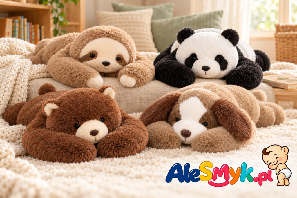 Miś, leniwiec, piesek i panda obciążeniowa w ciepłym kąciku czytelniczym — grafika AleSmyk