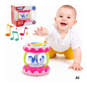 WOOPIE BABY Różowy Bębenek Pozytywka Projektor 3w1 Zabawka Muzyczna dla Niemowląt + Walec Roller do Nauki Raczkowania